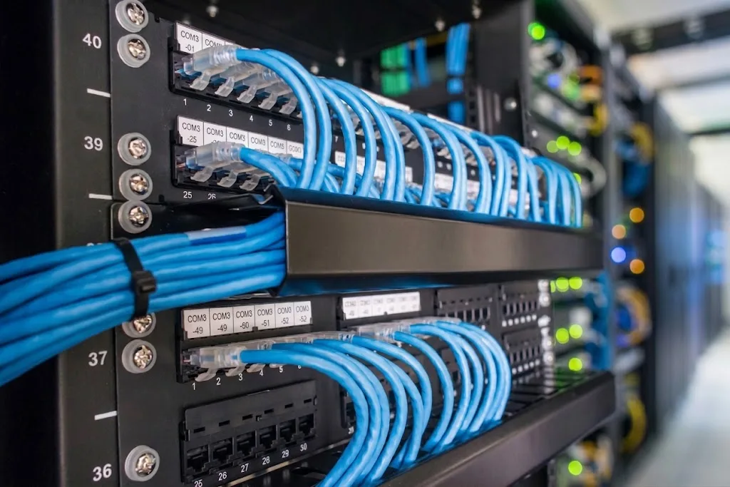 Rack de rede estruturada com cabeamento